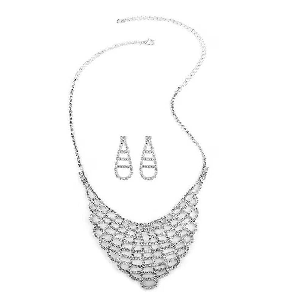 White Austrian Crystal Rhinestone V-Shape Statement Necklace and Drop Earring Se